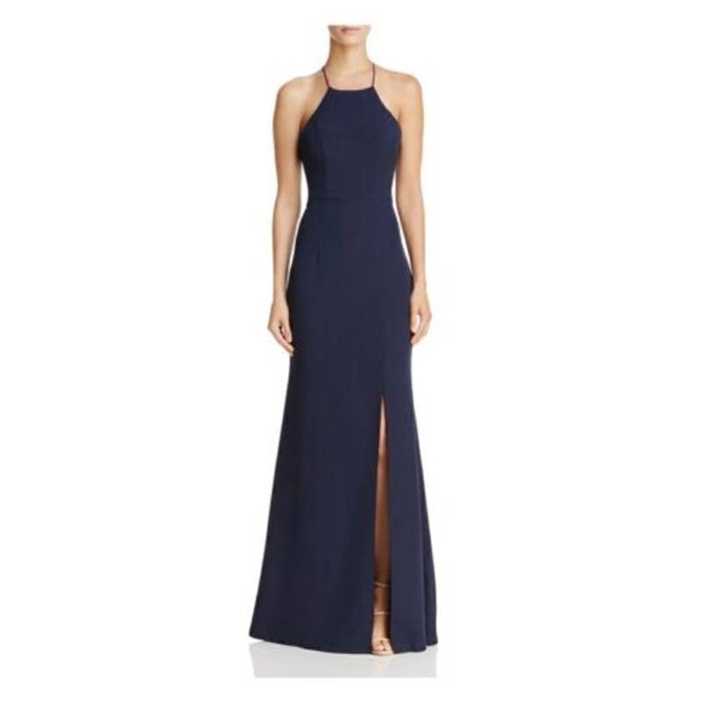 Bariano Navy Blue High-Neck Cross-Back Gown